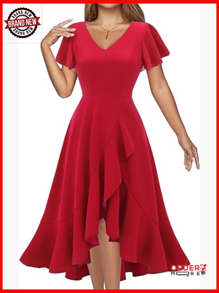 V-Neck Ruffle Midi Cocktail Dress A-Line Short Sleeve Hi Low